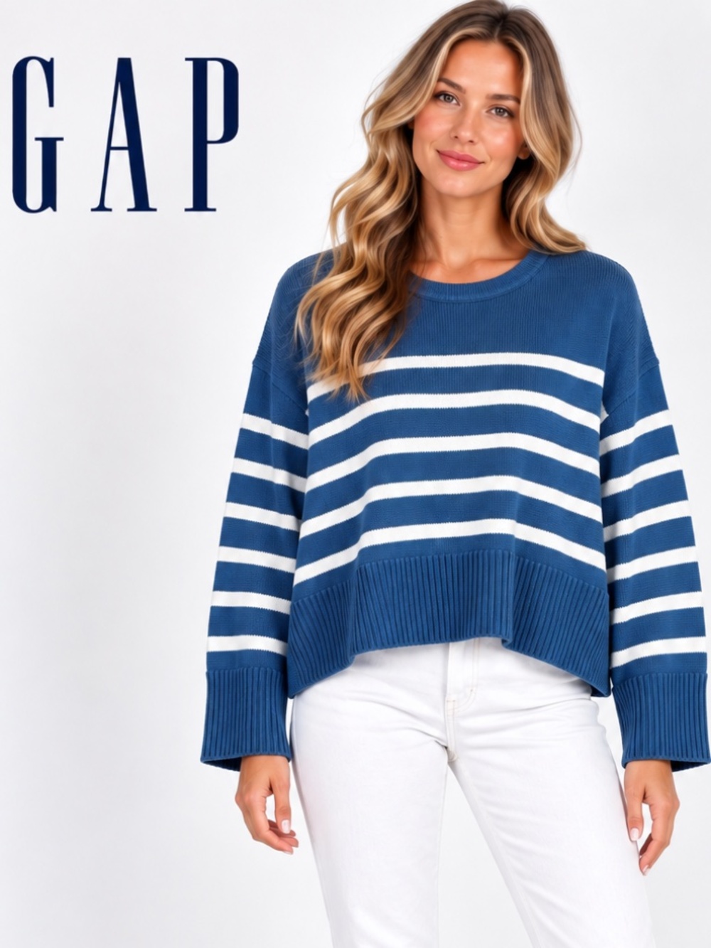 Gap women's blue and white horizontal striped sweater